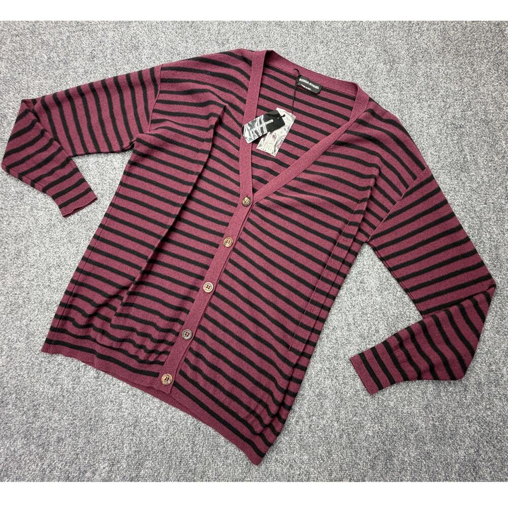 Sonia Rykiel Cardigan Womens S Burgundy Black Stripe Wool Cashmere NWT NEW